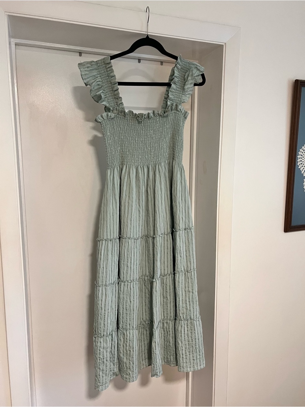 Hill House Ellie Nap Dress in Sage Green Tonal Seersucker